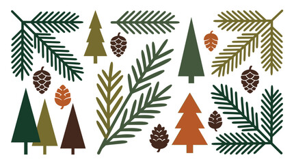 Obraz premium Flat vector illustration of luxury botanical decor with pine trees, branches, and cones for design