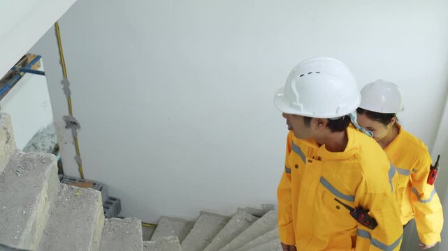 Construction inspectors and engineer discussing project details at an unfinished building site, teamwork, communication, safety compliance, site supervision, safety, construction project management.