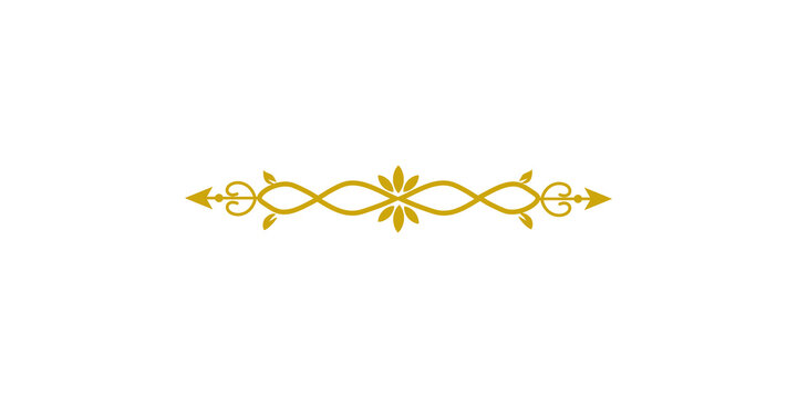 Gold ornate scroll divider with arrows isolated on transparent background a decorative golden wavy line with swirling arrows and a leaf pattern