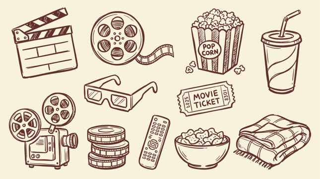 Handdrawn Movie Night Doodle Sketch Set Featuring Cinema Icons Like Popcorn Film Reel Ticket And Projector For Entertainment Vector Illustration Graphic Design Element