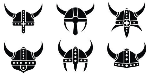 Viking Helmet Icon Set, Clean Horned Nordic Warrior Helmet Icons in Minimalist Solid Vector Style for Scandinavian Heritage, Medieval Concepts, Fantasy Games, Branding, Web Design, Print Materials,  ©  MIZU MIZANUR $$1122