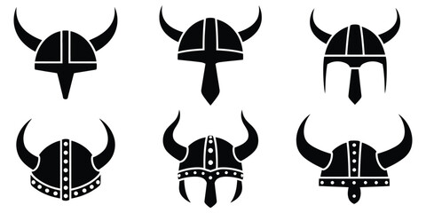 Viking Helmet Icon Set, Featuring Horned Nordic Warrior Helmets in Minimalist Solid Vector Style, Collection for Branding, Logo Design, Game Assets, Historical Themes, Scandinavian Culture,  ©  MIZU MIZANUR $$1122