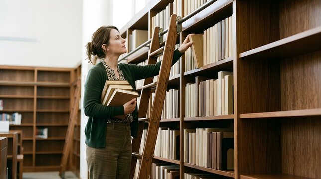 Woman reaching for book on ladder in university library aisle