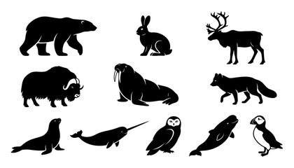 Obraz premium Animals in Black Silhouette Style Showcasing Various Arctic and Antarctic Species Featuring Wildlife, Nature