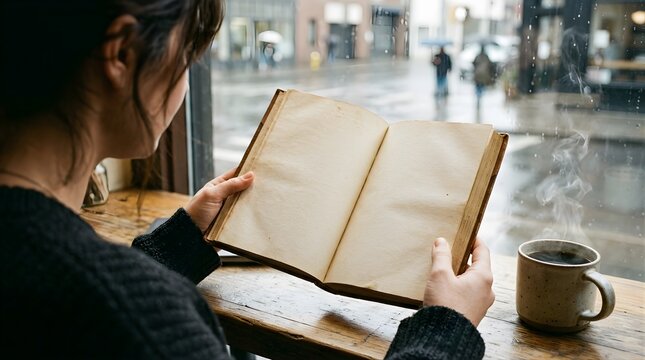 Woman reading open vintage book by window with coffee on rainy day