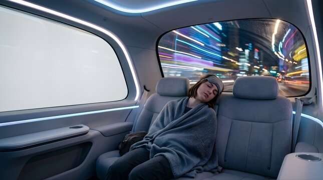Woman sleeping in a modern autonomous car at night with city lights
