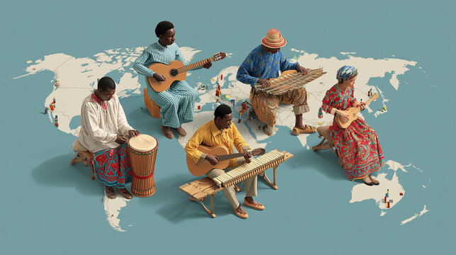 Global musicians on isometric world map with clean labeling space
