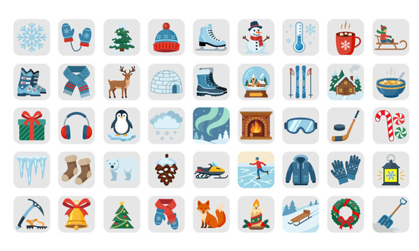 Winter vector icon set in flat style. Collection of cold season symbols including snowflake, snowman, ice skates, ski equipment, polar bear, penguin, cozy fireplace, and holiday elements on tiles.