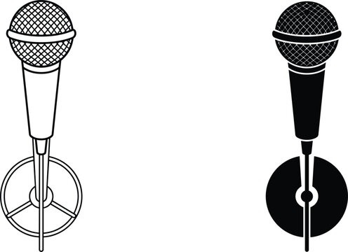 Microphone on stand set in line art and silhouette vector icons for music podcast audio recording studio broadcast