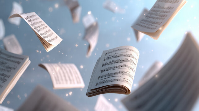 Flying sheet music over neutral space with open top corner
