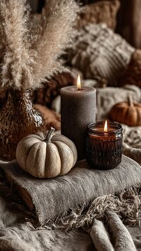 Cozy autumn home decor with lit candles, small pumpkins, and pampas grass in rustic textured setting