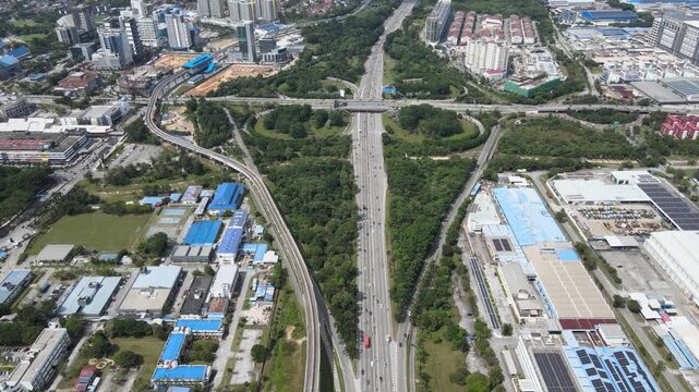 Aerial View of the Highway Interchange and Light Rail Transit Station in Shah Alam, Selangor, Malaysia