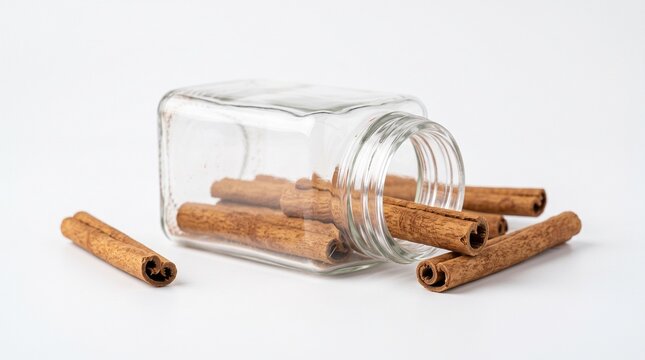 Cinnamon sticks in glass jar, aromatic brown spice quills on white background, organic culinary seasoning for baking and cooking