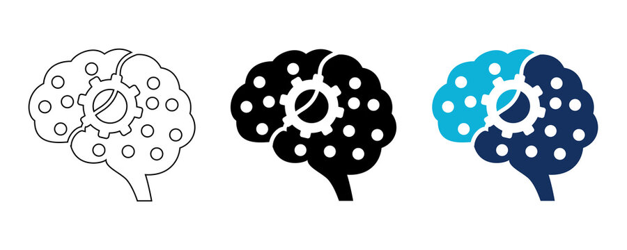 Set of brain icons with mechanical gear symbols representing artificial intelligence and cognitive processing on transparent.
