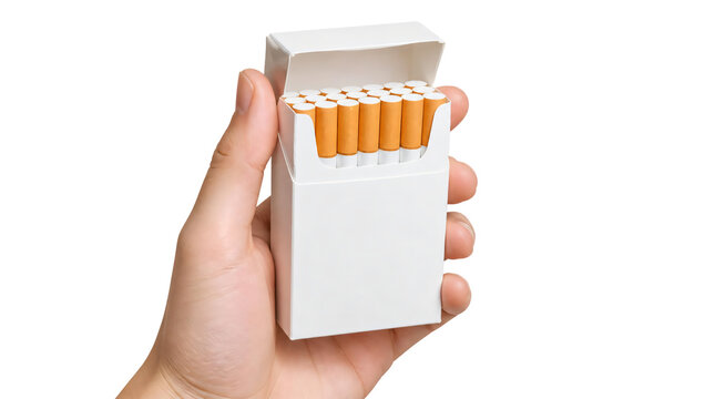 Hand holding white cigarette pack isolated on transparent background