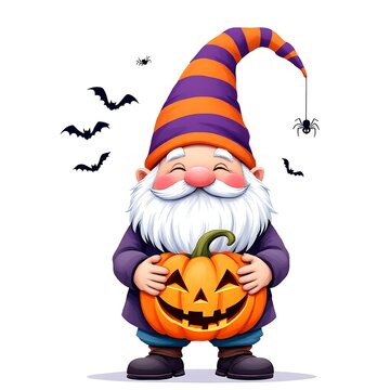 Whimsical cartoon gnome wearing a purple and orange striped hat holding a carved pumpkin with a happy face on a white background surrounded by bats and spiders