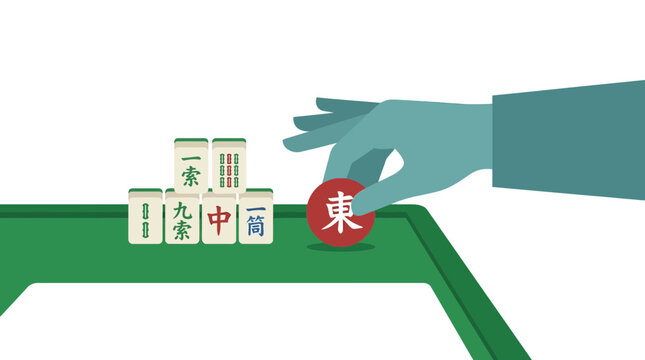 Hand playing mahjong vector with tiles on green table