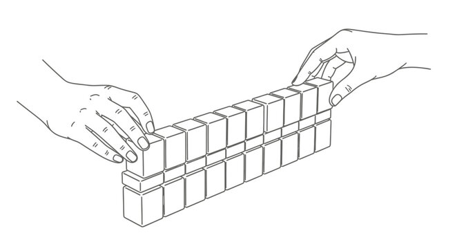 Hands setting up a traditional mahjong vector game wall