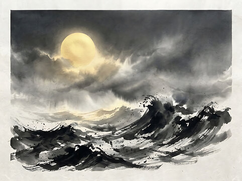 Japanese Sumi-e Style Night Seascape with Full Moon and Clouds