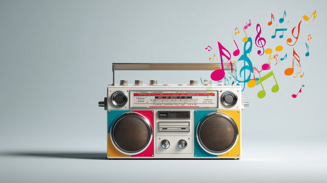 Boombox blasting music notes into a white scene with text space
