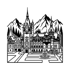 Fototapeta premium Ornate Castle with Tall Spires and Mountain Backdrop.