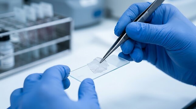 Scientist preparing a tissue sample on a microscope slide with tweezers