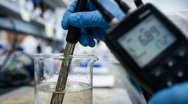 Scientist measures liquid pH level with a digital meter in a laboratory setting
