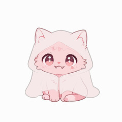 Fototapeta premium Adorable pink cat in hooded cloak with shiny eyes and fangs, perfect for Halloween, fantasy art, or stock illustration