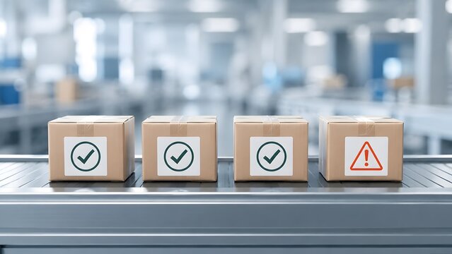 Cardboard boxes moving on a conveyor belt with green checkmark labels and one red warning triangle. Concept of manufacturing quality control, logistics distribution sorting, and supply chain error.