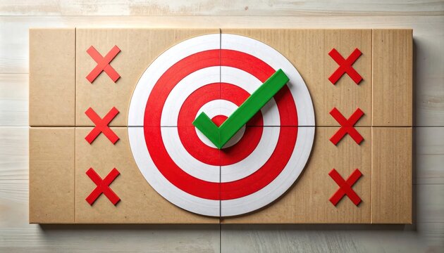 Target achievement with green checkmark and red crosses on wooden board.