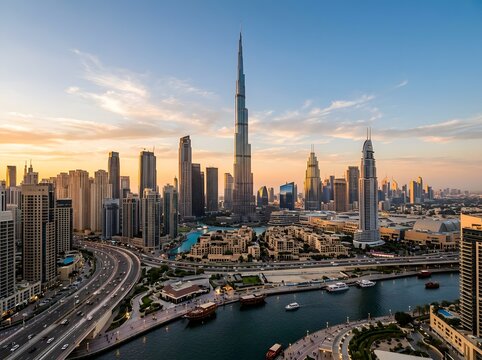 Stunning sunset view of the dubai skyline and burj khalifa