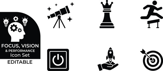 Fototapeta premium Focus vision and performance icon set showing telescope chess queen hurdle jump and targets.