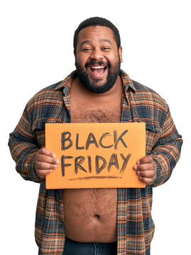 Laughing plus-size Black man in a plaid shirt holding an orange handmade Black Friday sign against isolated on transparent or white background, png