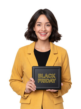 Smiling brunette woman in a yellow blazer holding a black sign with yellow neon Black Friday lettering against isolated on transparent or white background, png