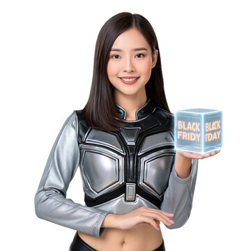 Smiling young Asian woman in futuristic silver armor holding a glowing holographic Black Friday cube against isolated on transparent or white background, png