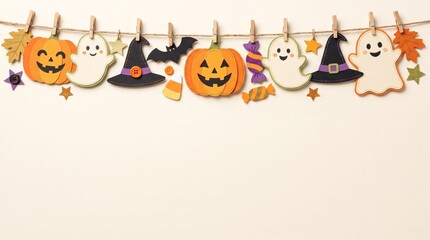 Naklejka premium Festive Halloween paper cutout decorations hanging on twine against soft beige background with party