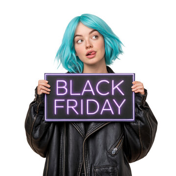 Playful young woman with bright blue hair and a leather jacket holding a purple neon Black Friday sign against isolated on transparent or white background, png