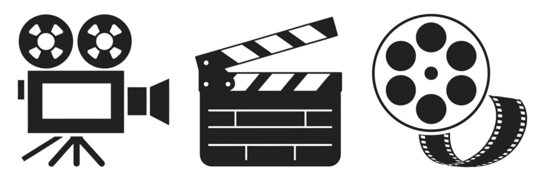 Movie and cinema icon collection with camera, clapperboard, film reel and filmmaking equipment for media projects