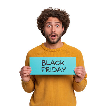 Excited curly-haired man in a yellow sweater looking surprised and holding a blue Black Friday sign against isolated on transparent or white background, png