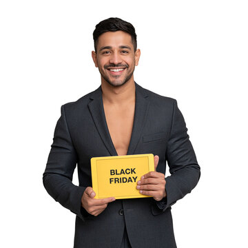 Smiling handsome man in a dark gray suit holding a yellow Black Friday sign against isolated on transparent or white background, png