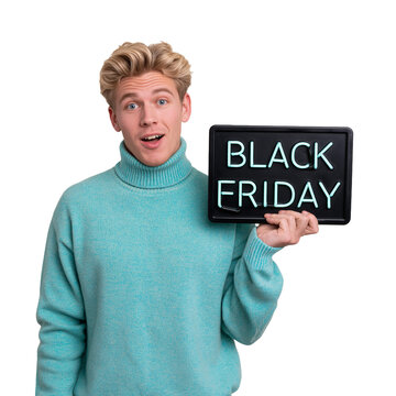 Surprised blond man in a blue turtleneck sweater holding a black sign with green neon Black Friday text against isolated on transparent or white background, png