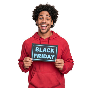Excited curly-haired Black man in a red hoodie holding a black sign with blue neon Black Friday text against isolated on transparent or white background, png