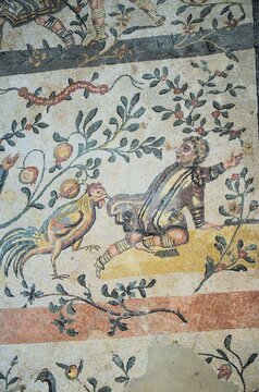 Piazza Armerina, Sicily 01.02.2020: This mosaic depicts scenes from the Little Hunt