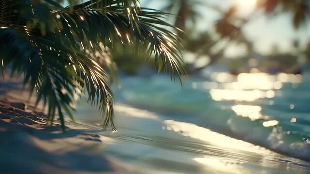 Summer hot vibe lifestyle. A vivid portrayal of a tropical beach scene at sunset. The main subject is a closeup shot of a palm tree with its long, slender leaves illuminated by the warm.