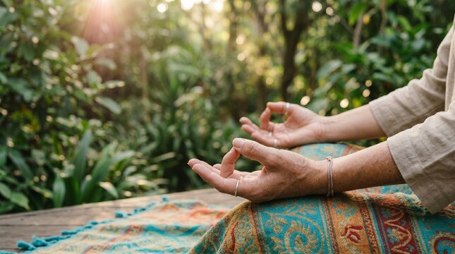 Person practicing yoga meditation. Close up of hands in mudra pose for mindfulness.