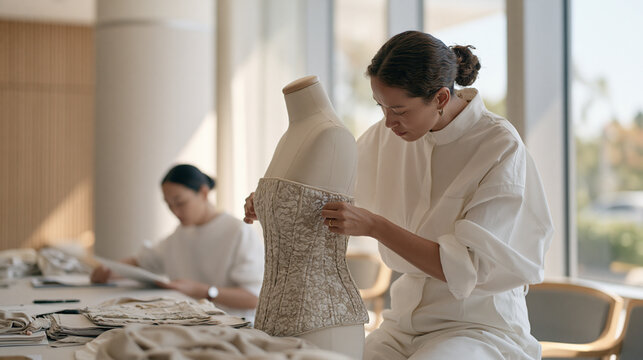 Corsetry specialist fitting a structured brocade bodice on a mannequin beside a hospital waiting room window, sharing a quiet moment of professional focus with a colleague seated