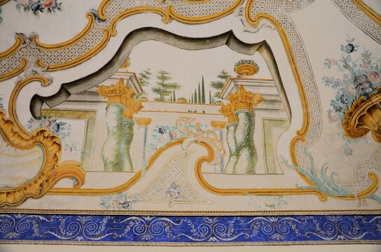 Piazza Armerina, Sicily 01.02.2020: Decorative fresco adorns one of the vaults of the historic buildings in the center of Piazza Armerina