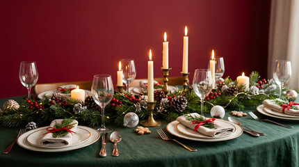 Fototapeta premium Festively decorated Christmas dinner table with candles and greenery 