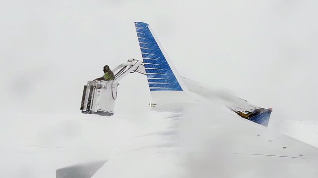 Deicing Truck Finishing Spraying and Retracting Crane from Aircraft Wing - 4K