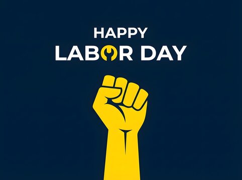 Happy labor day celebration background with a yellow raised fist symbol representing workers rights and unity